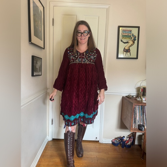 Vintage Dresses & Skirts - Vintage Red Velvet Ethnic Mini Dress